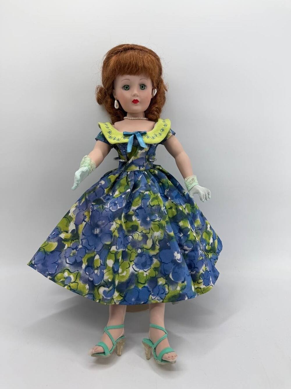 Unbranded Porcelain Lady Doll Auburn Hair Green Eyes Floral Dress with Stand